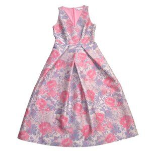 NWT Kay Unger Maxime Midi in Blue Coral Floral Jacquard Pleated Dress 4 $258